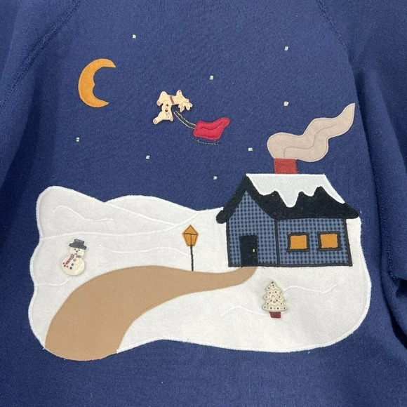 Vintage Handcrafted Christmas Scenery Crewneck Sweatshirt Navy‎ Blue Large - Picture 1 of 8